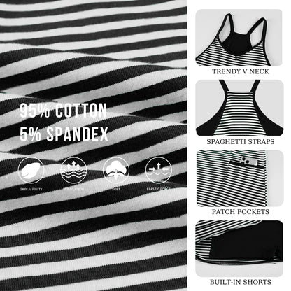Women's Summer Sleeveless 4th Of July Striped Mini Dress with Built-in Shorts V Neck Spaghetti Straps Athletic Shorts Tennis Dress with Pockets