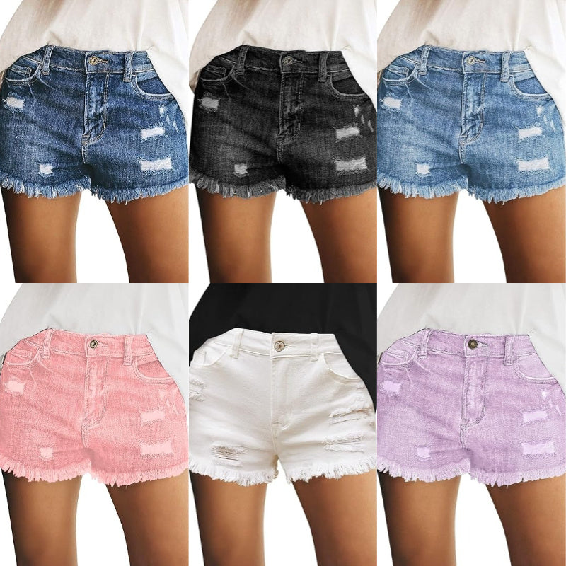 🔥Last Day 49% Off - Women's Casual Mid Rise Stretch Ripped Raw Hem Jean Shorts