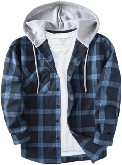 Men’s Plus Size Plaid Patchwork Hooded Jacket – Button Front Casual Outerwear with Pockets